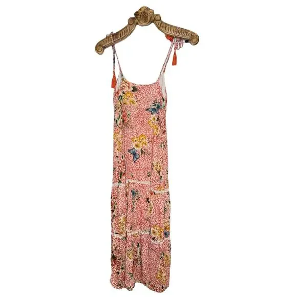 Farm Rio Anthropologie Verbena Midi Dress Tie Strap Tassel Tier Floral Boho xs